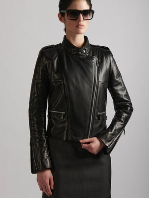 Blouson biker en cuir plongé noir BARBARA BUI